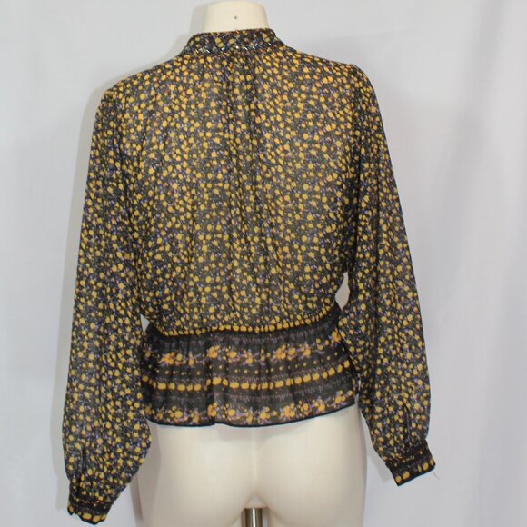 Free People Women's  Floral Beaded Embellished Peplum Blouse Black Yellow XS/TP - Picture 5 of 8